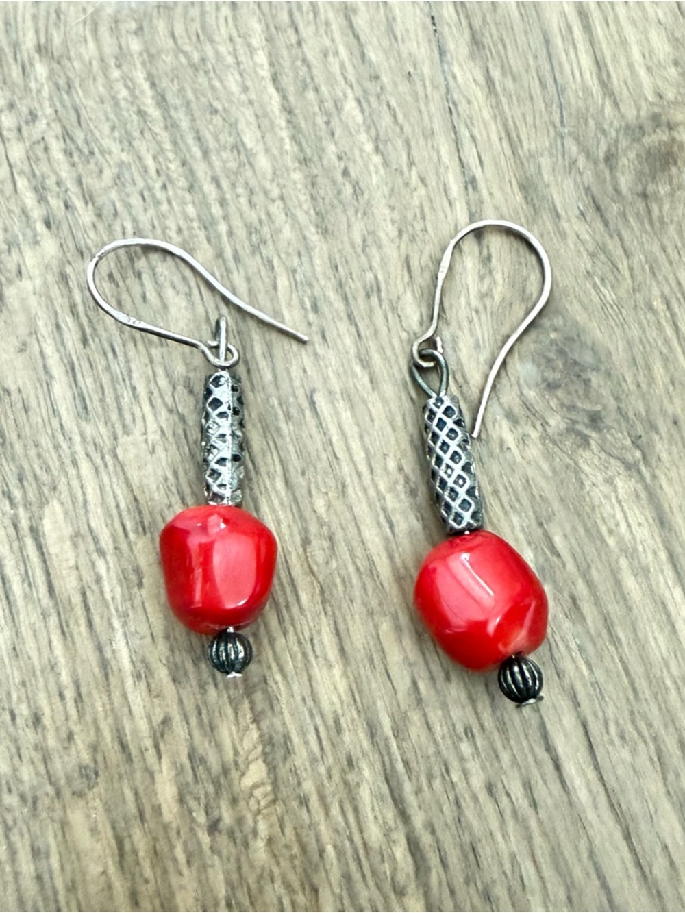 Handmade Red Bead Drop Earrings - Silver